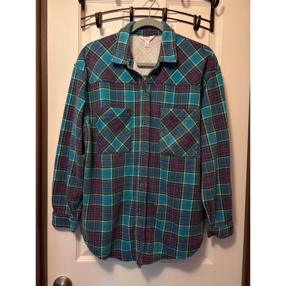 Time and Tru Women Turquoise Plaid Long Sleeve Button Down Shirt Large TTL49010P